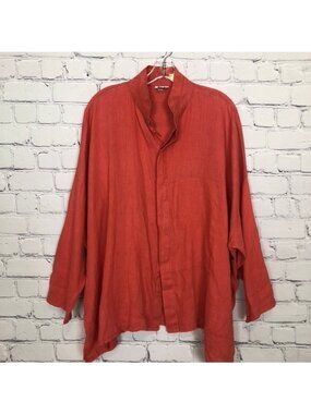 Planet Lauren G Orange 100% Linen Shirt One Size Oversized Buttondown Boxy